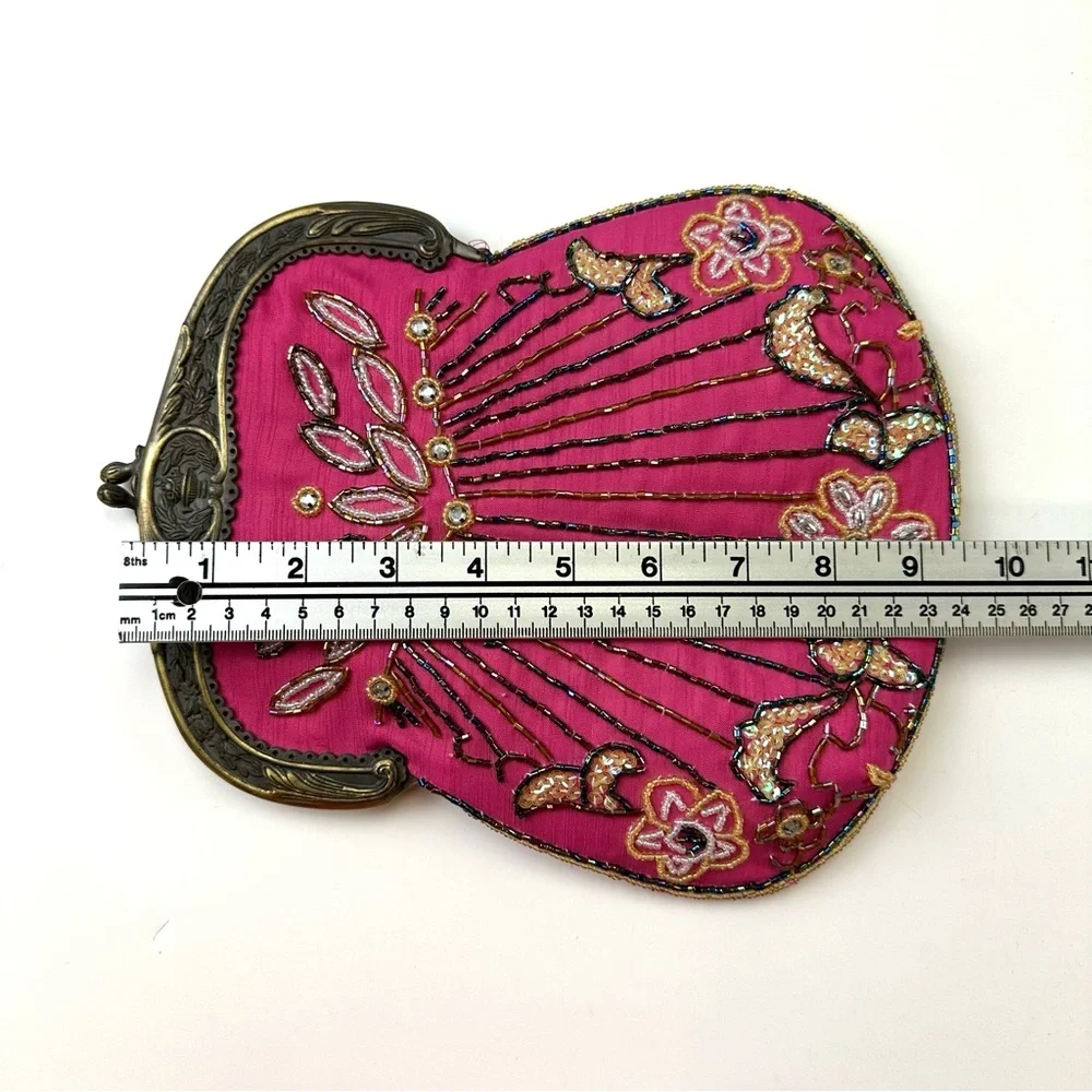 Vintage Pink Beaded Evening Bag Gold Frame Chain Strap Art Deco Glam - Picture 4 of 8